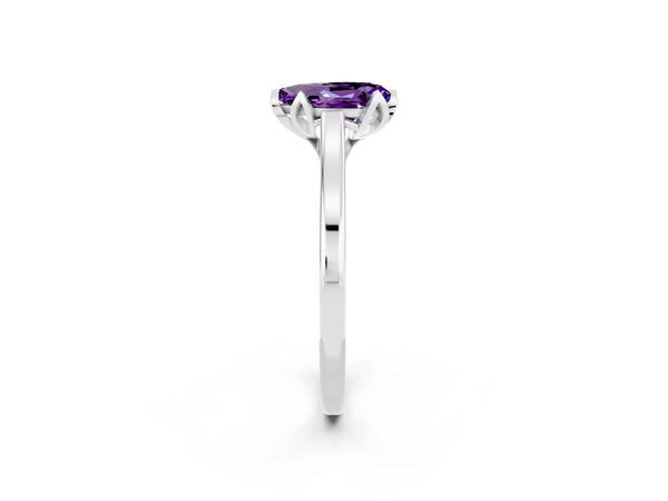 White gold Pear Cut Amethyst Solitaire Ring with Flower Prong Setting and Classic Band
