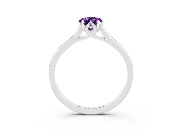 White gold Pear Cut Amethyst Solitaire Ring with Flower Prong Setting and Classic Band