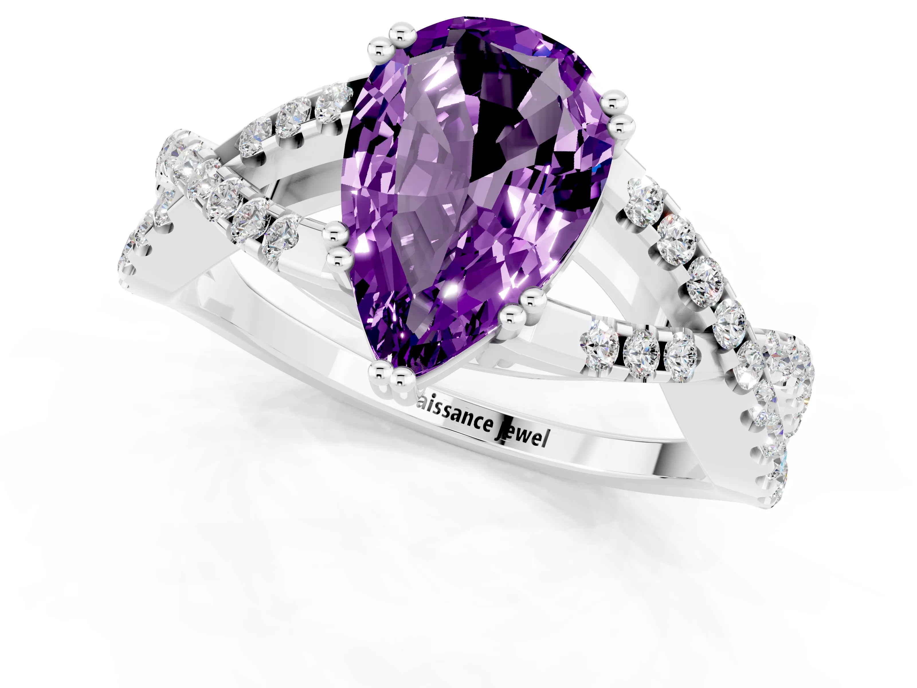 White gold Pear Cut Amethyst Solitaire Ring with Four-Prong Setting and Twisted Pavé Band_1
