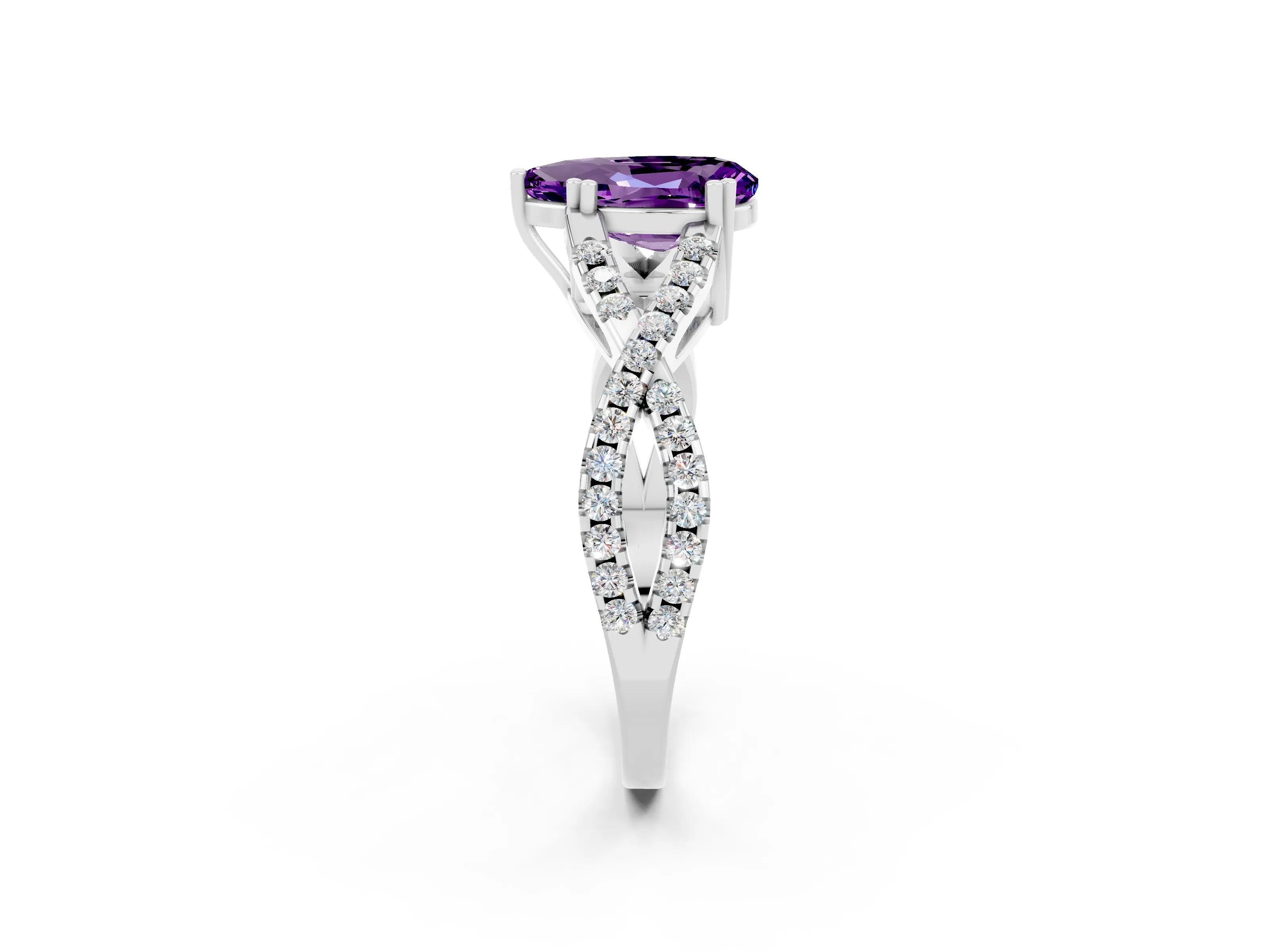 White gold Pear Cut Amethyst Solitaire Ring with Four-Prong Setting and Twisted Pavé Band_2