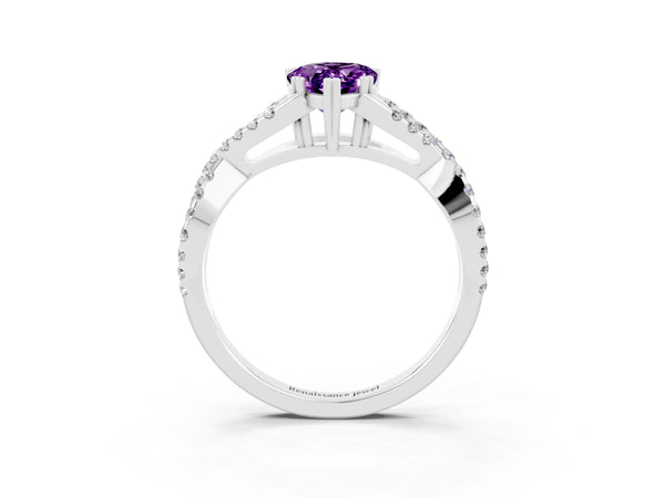 Platinum Pear Cut Amethyst Solitaire Ring with Four-Prong Setting and Twisted Pavé Band