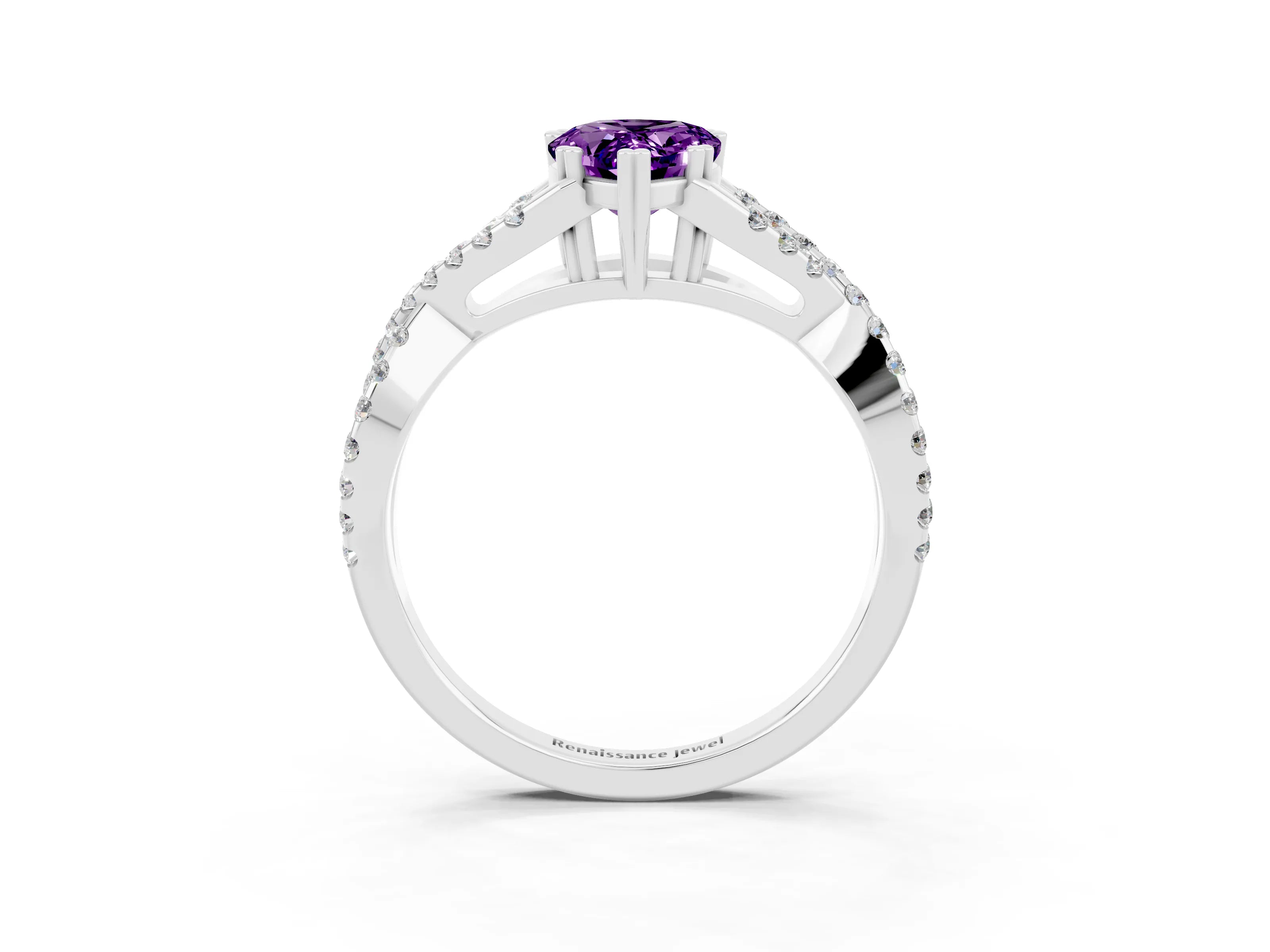 White gold Pear Cut Amethyst Solitaire Ring with Four-Prong Setting and Twisted Pavé Band_3