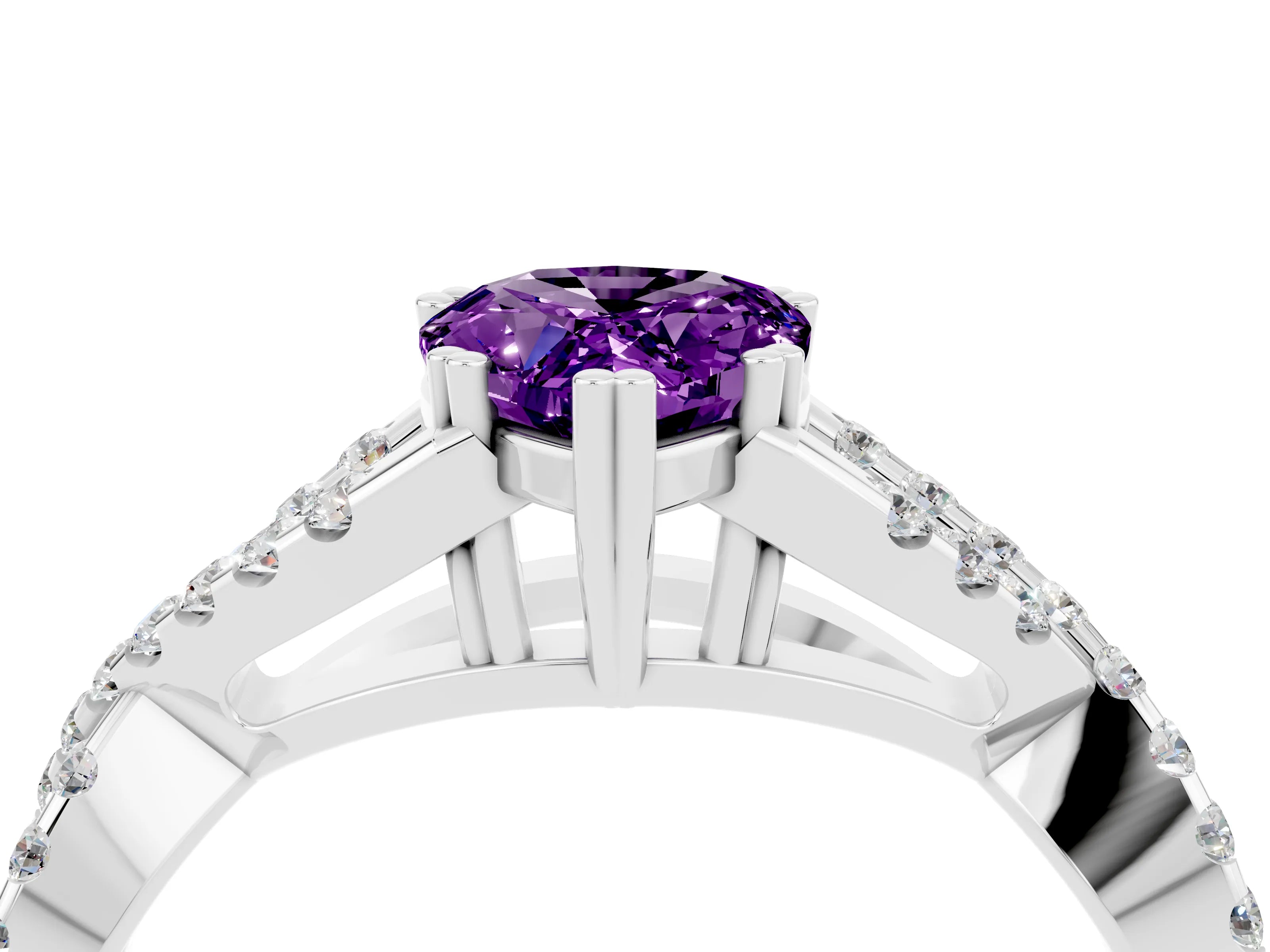 White gold Pear Cut Amethyst Solitaire Ring with Four-Prong Setting and Twisted Pavé Band_4