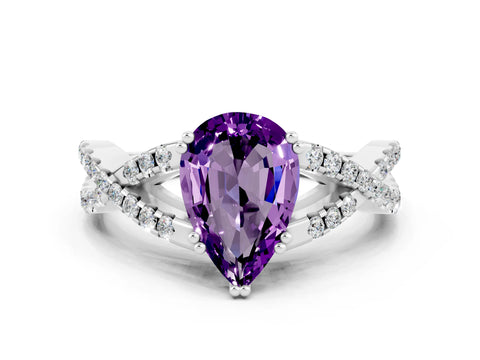White gold Pear Cut Amethyst Solitaire Ring with Four-Prong Setting and Twisted Pavé Band