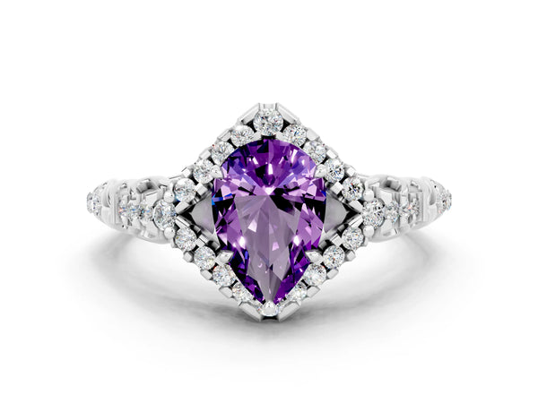 Platinum Pear Cut Amethyst Solitaire Ring with Hidden Halo and Pavé Band