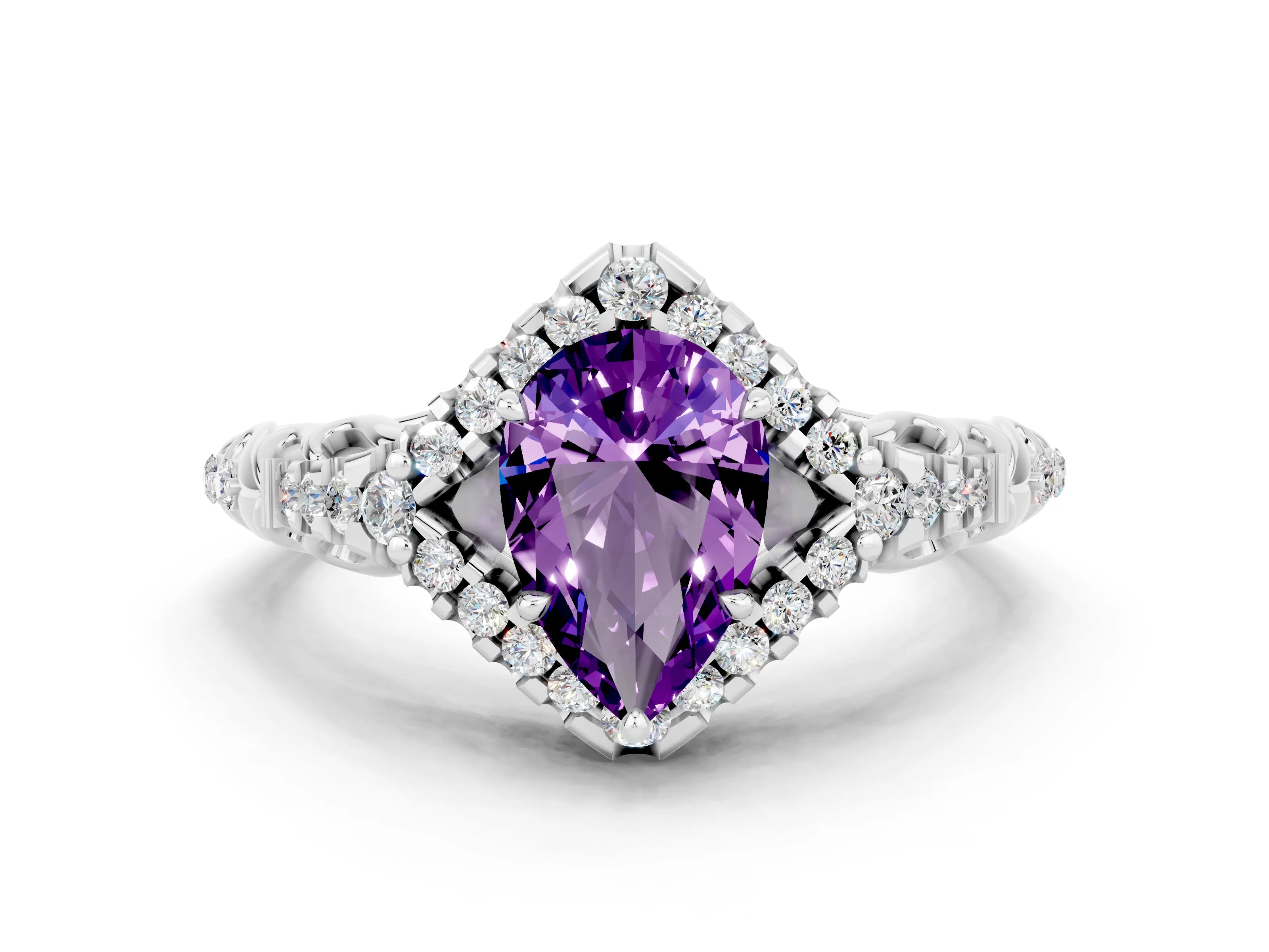 White gold Pear Cut Amethyst Solitaire Ring with Hidden Halo and Pavé Band_12