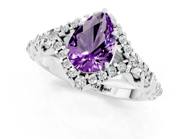 Platinum Pear Cut Amethyst Solitaire Ring with Hidden Halo and Pavé Band