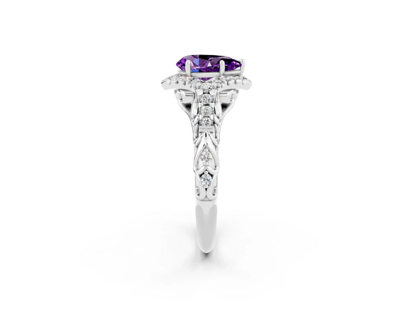 Platinum Pear Cut Amethyst Solitaire Ring with Hidden Halo and Pavé Band
