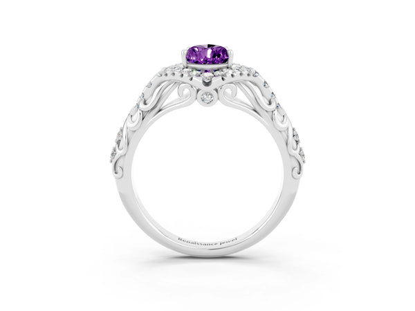 Platinum Pear Cut Amethyst Solitaire Ring with Hidden Halo and Pavé Band