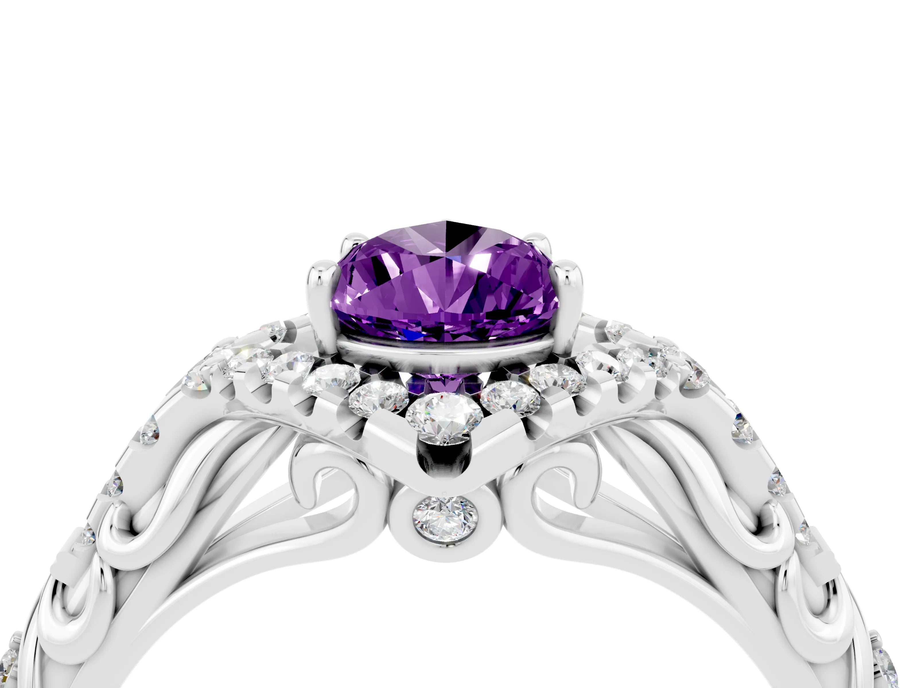 White gold Pear Cut Amethyst Solitaire Ring with Hidden Halo and Pavé Band_16