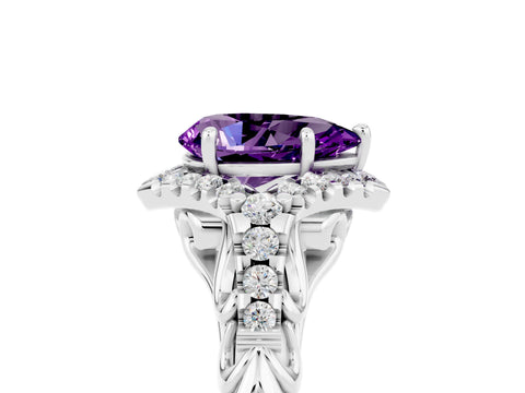 White gold Pear Cut Amethyst Solitaire Ring with Hidden Halo and Pavé Band_17