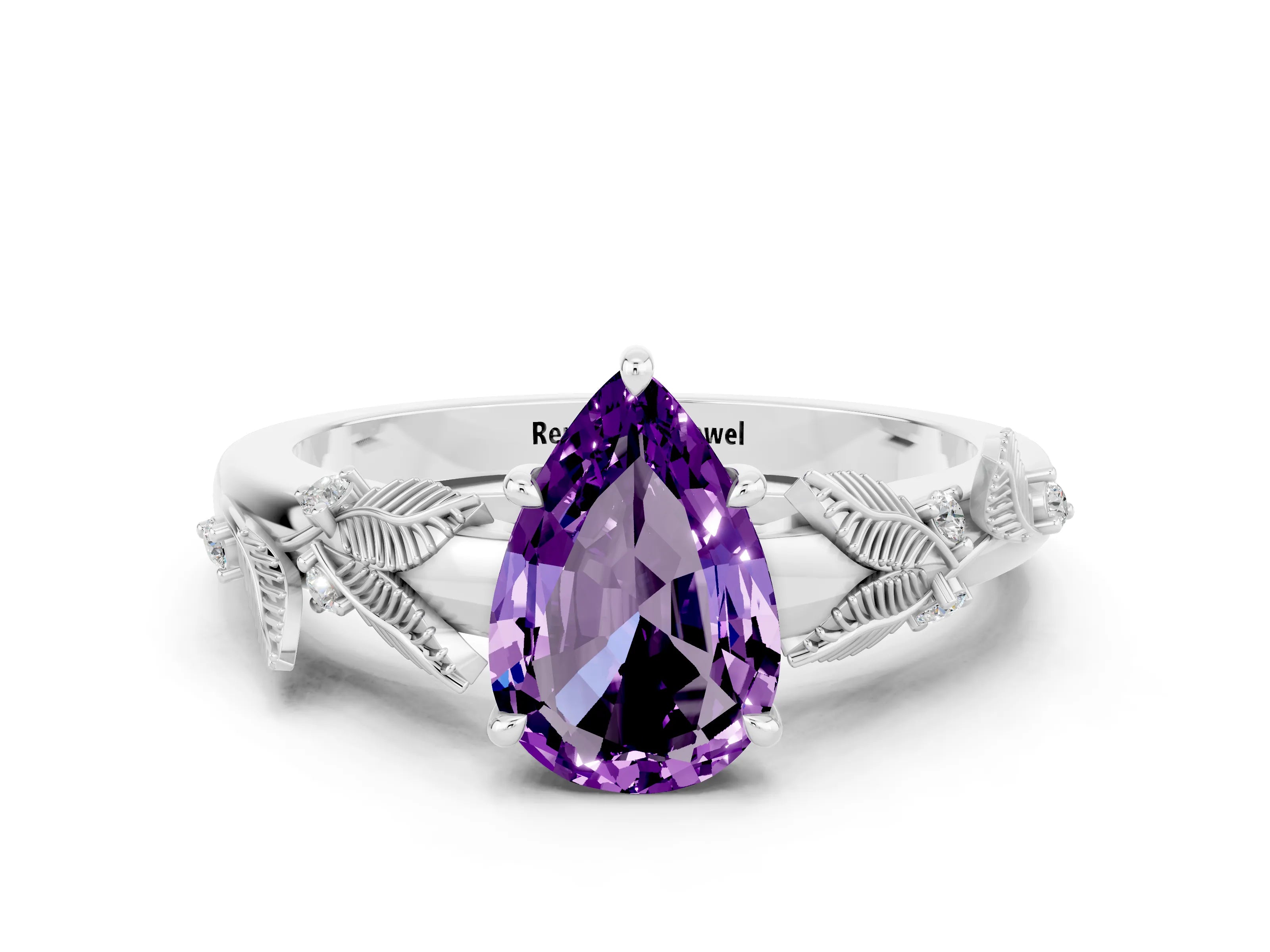 White gold Pear Cut Amethyst Solitaire Ring with Leaf Motif Band and Four-Prong Setting