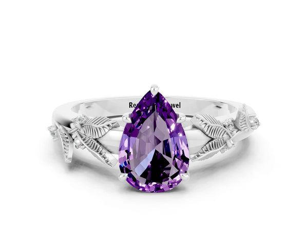 White gold Pear Cut Amethyst Solitaire Ring with Leaf Motif Band and Four-Prong Setting