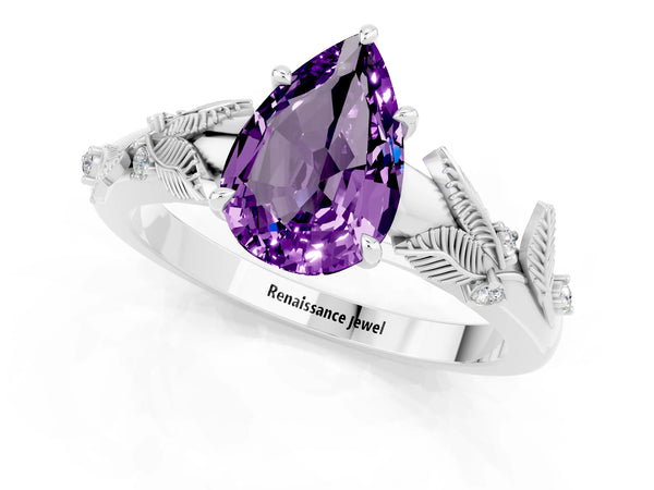 White gold Pear Cut Amethyst Solitaire Ring with Leaf Motif Band and Four-Prong Setting