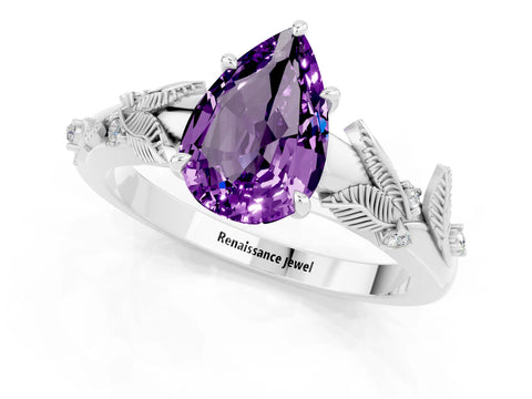 White gold Pear Cut Amethyst Solitaire Ring with Leaf Motif Band and Four-Prong Setting_13