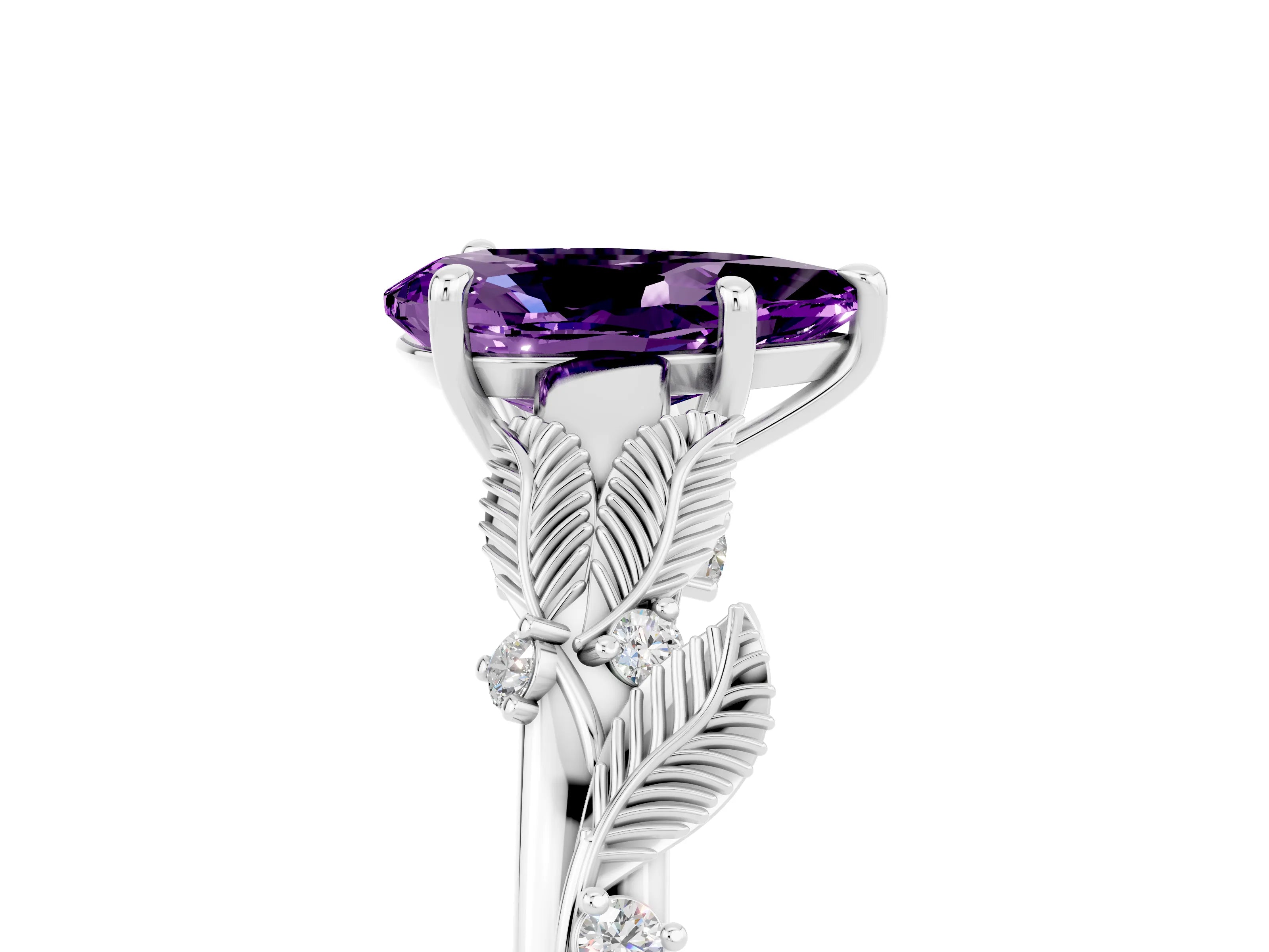 White gold Pear Cut Amethyst Solitaire Ring with Leaf Motif Band and Four-Prong Setting_17
