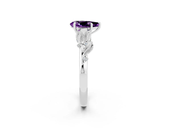 Platinum Pear Cut Amethyst Solitaire Ring with Leaf Motif Band and Four-Prong Setting