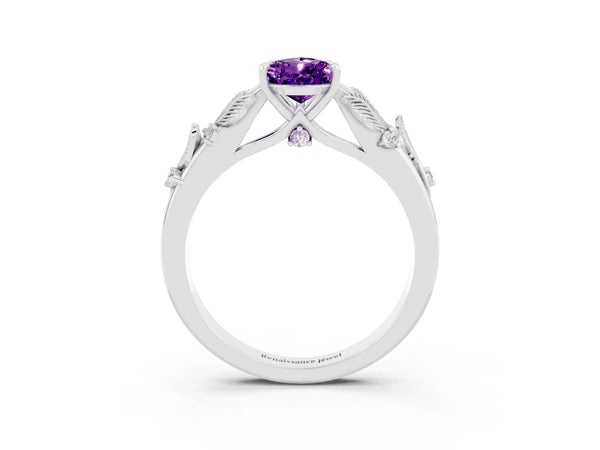 Platinum Pear Cut Amethyst Solitaire Ring with Leaf Motif Band and Four-Prong Setting