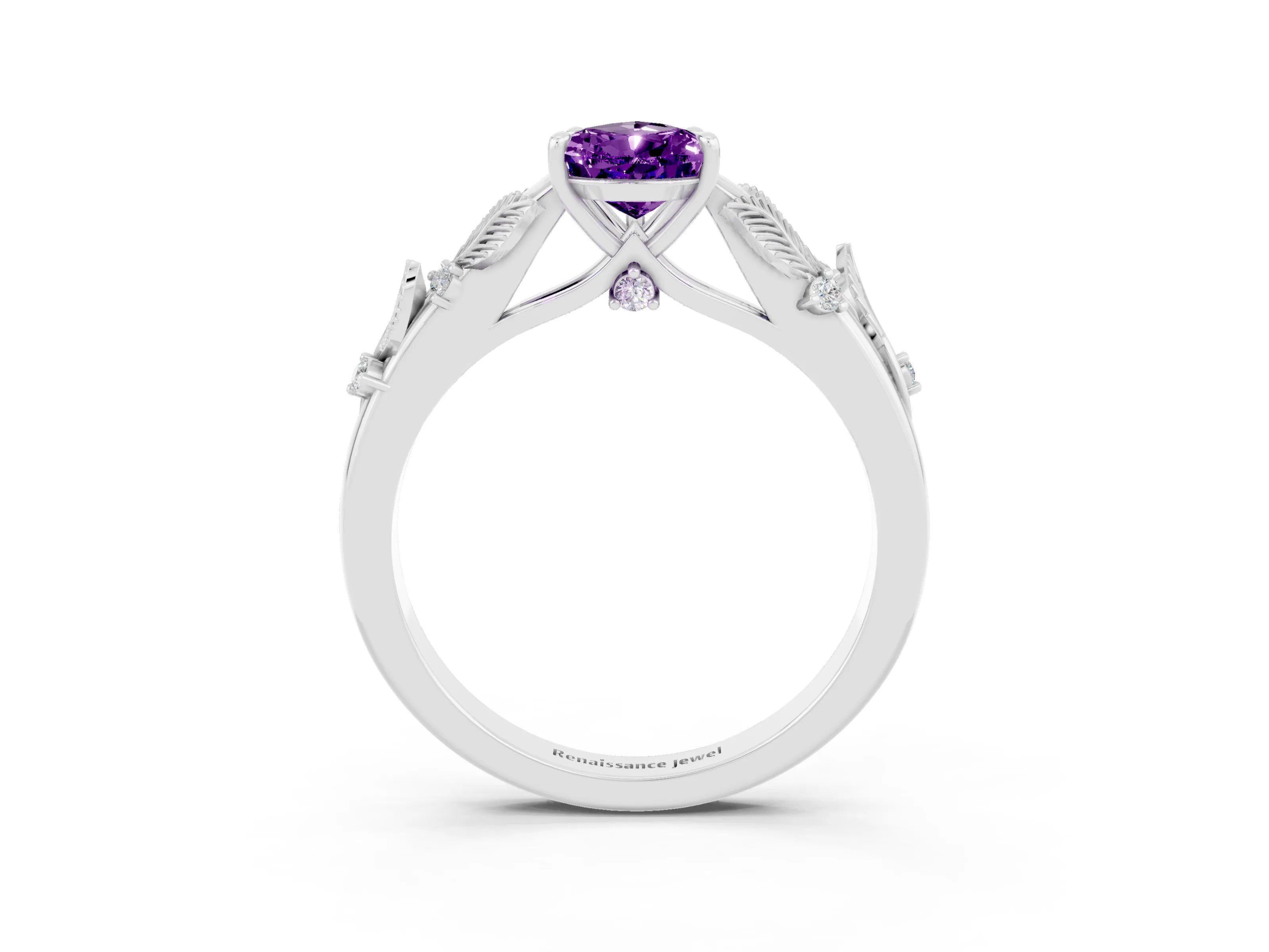 White gold Pear Cut Amethyst Solitaire Ring with Leaf Motif Band and Four-Prong Setting_3