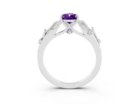 White gold Pear Cut Amethyst Solitaire Ring with Leaf Motif Band and Four-Prong Setting_3