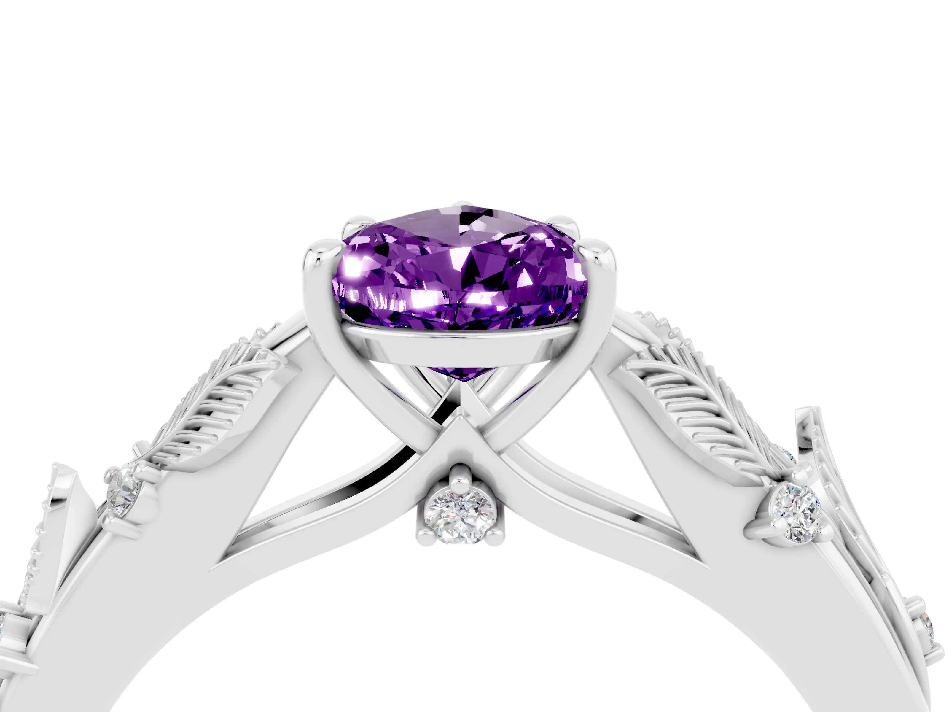 White gold Pear Cut Amethyst Solitaire Ring with Leaf Motif Band and Four-Prong Setting_4