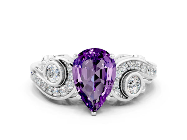 Platinum Pear Cut Amethyst Solitaire Ring with Milgrain Pavé Band and Four-Prong Setting
