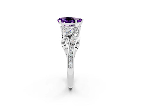 White gold Pear Cut Amethyst Solitaire Ring with Milgrain Pavé Band and Four-Prong Setting_14