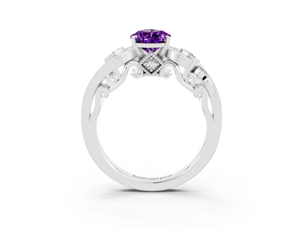 Silver Pear Cut Amethyst Solitaire Ring with Milgrain Pavé Band and Four-Prong Setting