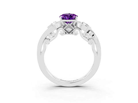 White gold Pear Cut Amethyst Solitaire Ring with Milgrain Pavé Band and Four-Prong Setting_15