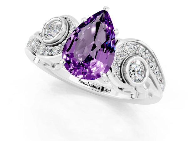 White gold Pear Cut Amethyst Solitaire Ring with Milgrain Pavé Band and Four-Prong Setting