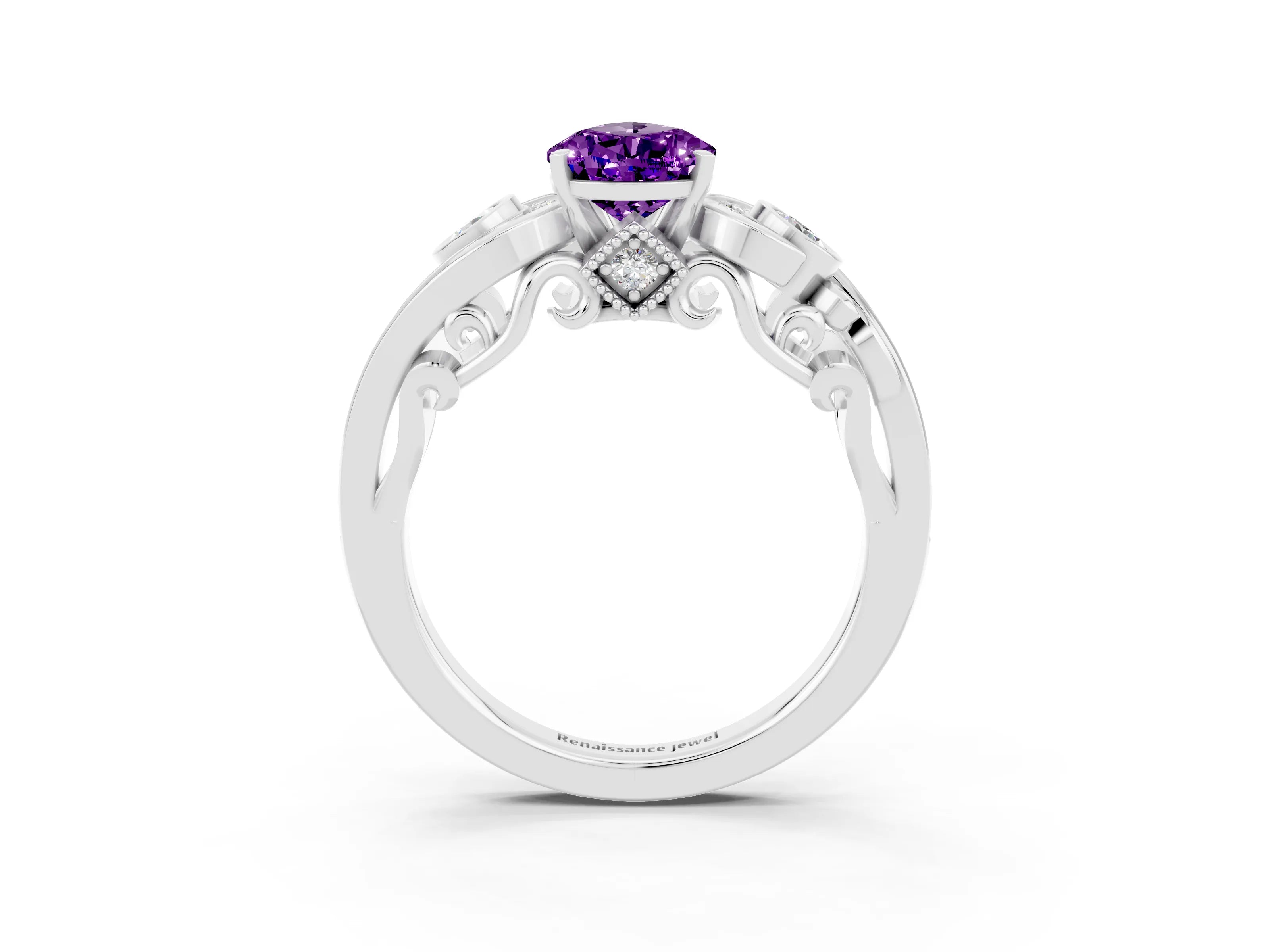 White gold Pear Cut Amethyst Solitaire Ring with Milgrain Pavé Band and Four-Prong Setting_51