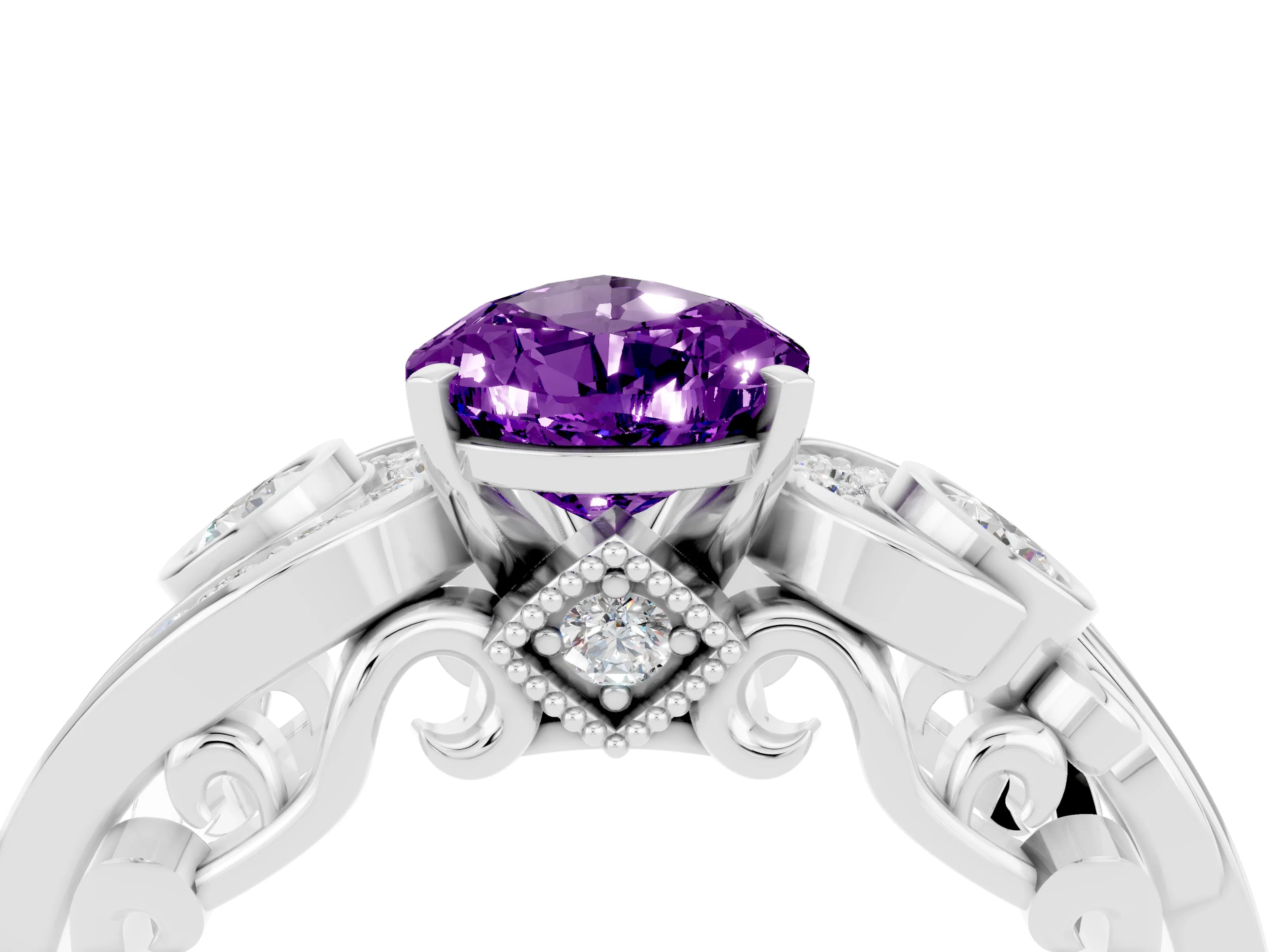 White gold Pear Cut Amethyst Solitaire Ring with Milgrain Pavé Band and Four-Prong Setting_52