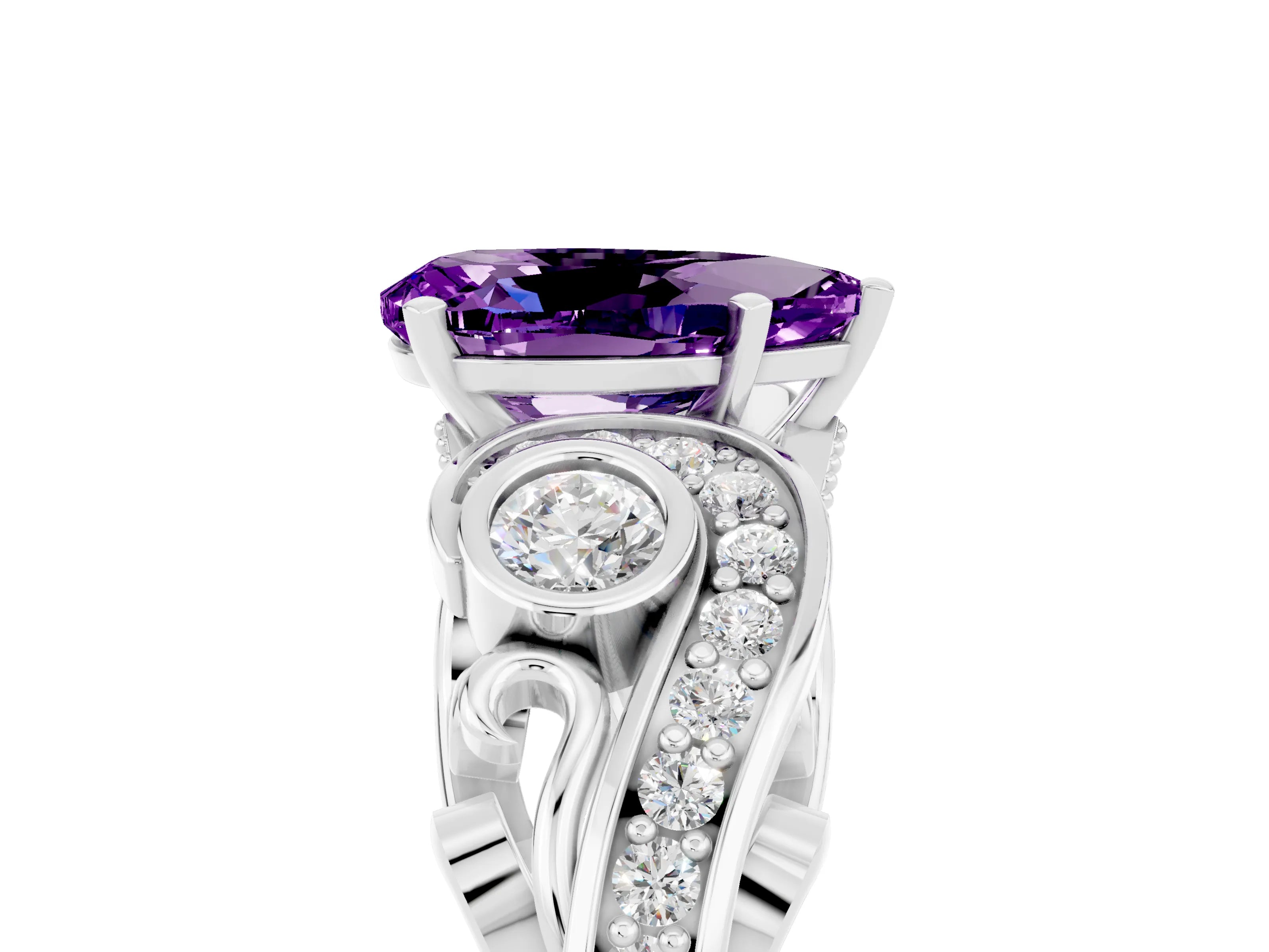 White gold Pear Cut Amethyst Solitaire Ring with Milgrain Pavé Band and Four-Prong Setting_53