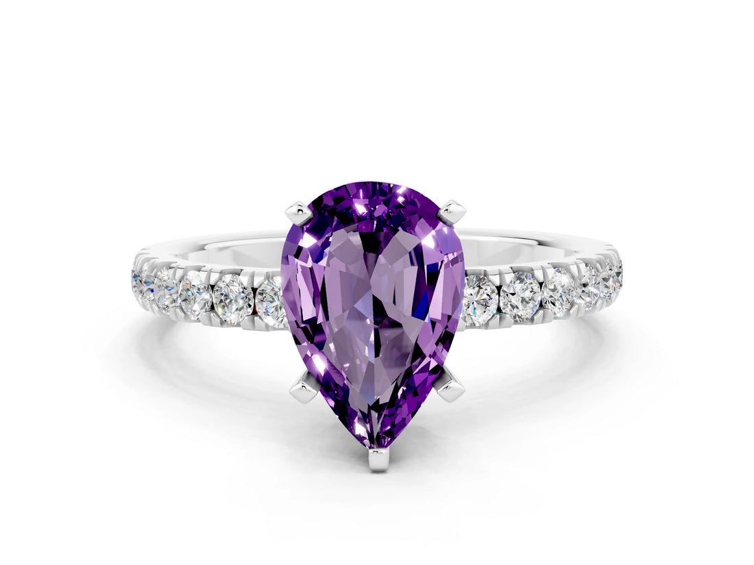 White gold Pear Cut Amethyst Solitaire Ring with Pavé Accents and Four-Prong Setting