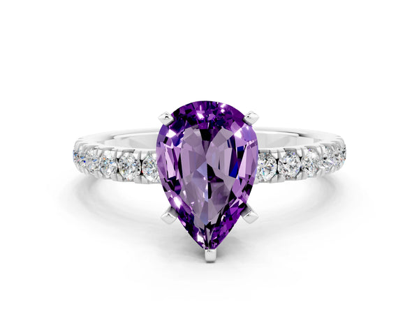 Platinum Pear Cut Amethyst Solitaire Ring with Pavé Accents and Four-Prong Setting