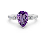 White gold Pear Cut Amethyst Solitaire Ring with Pavé Accents and Four-Prong Setting