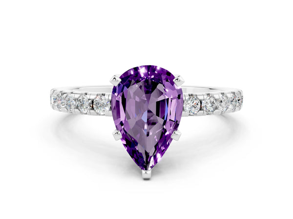 Platinum Pear Cut Amethyst Solitaire Ring with Round  Pavé Band and Four-Prong Setting