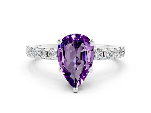 White gold Pear Cut Amethyst Solitaire Ring with Pavé Band and Four-Prong Setting_24