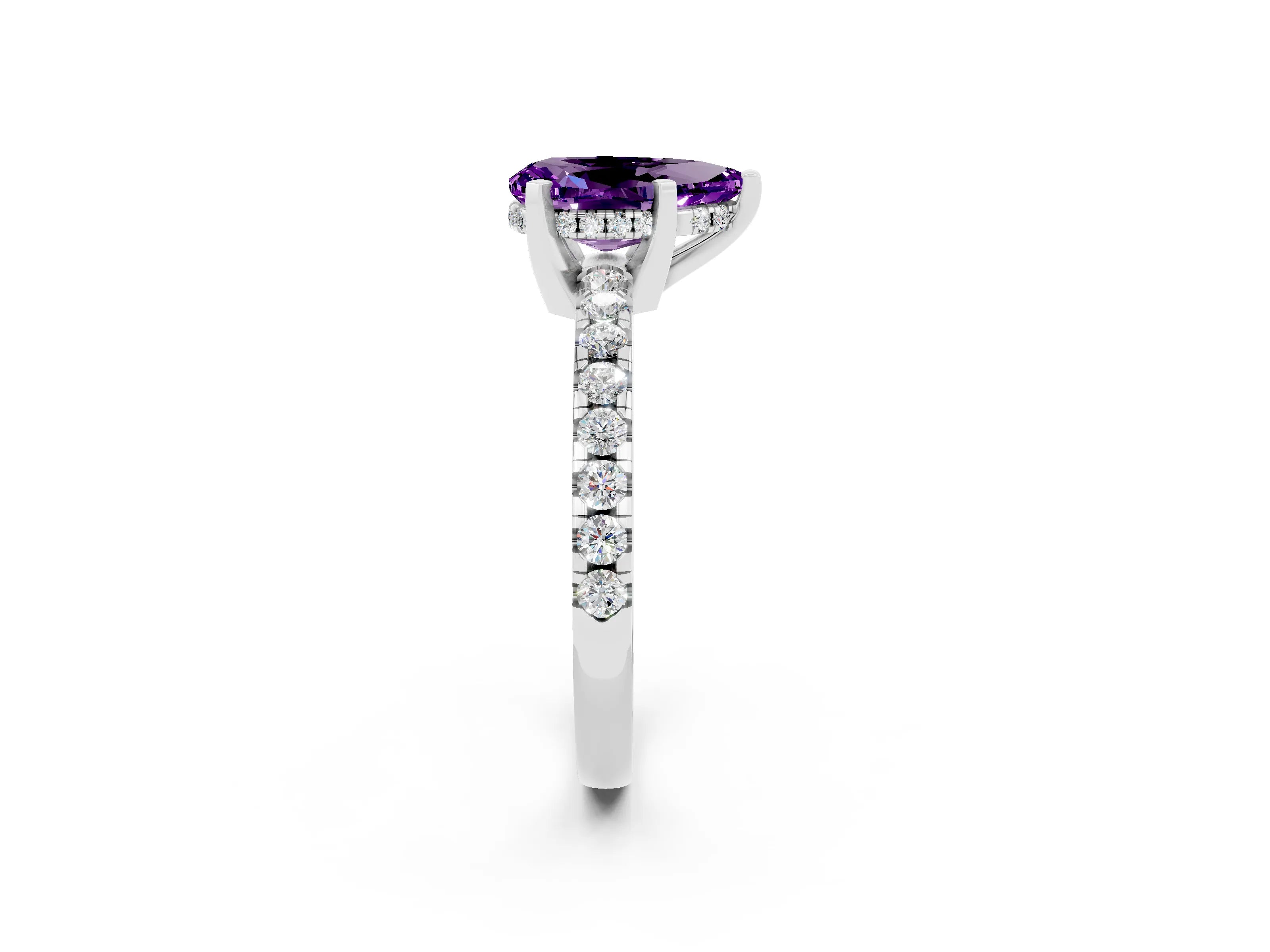 White gold Pear Cut Amethyst Solitaire Ring with Pavé Band and Four-Prong Setting_26