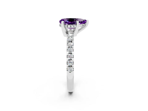 White gold Pear Cut Amethyst Solitaire Ring with Pavé Band and Four-Prong Setting_26