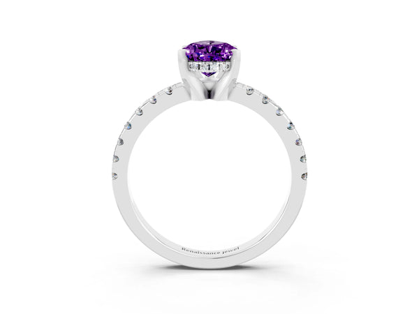 Platinum Pear Cut Amethyst Solitaire Ring with Round  Pavé Band and Four-Prong Setting