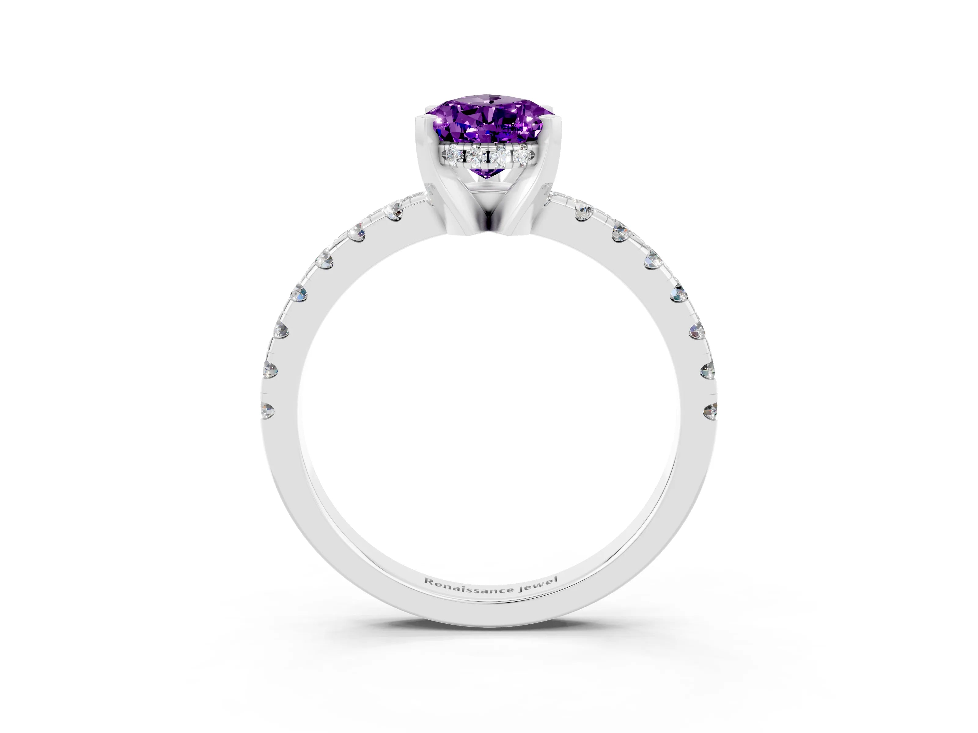 White gold Pear Cut Amethyst Solitaire Ring with Pavé Band and Four-Prong Setting_27
