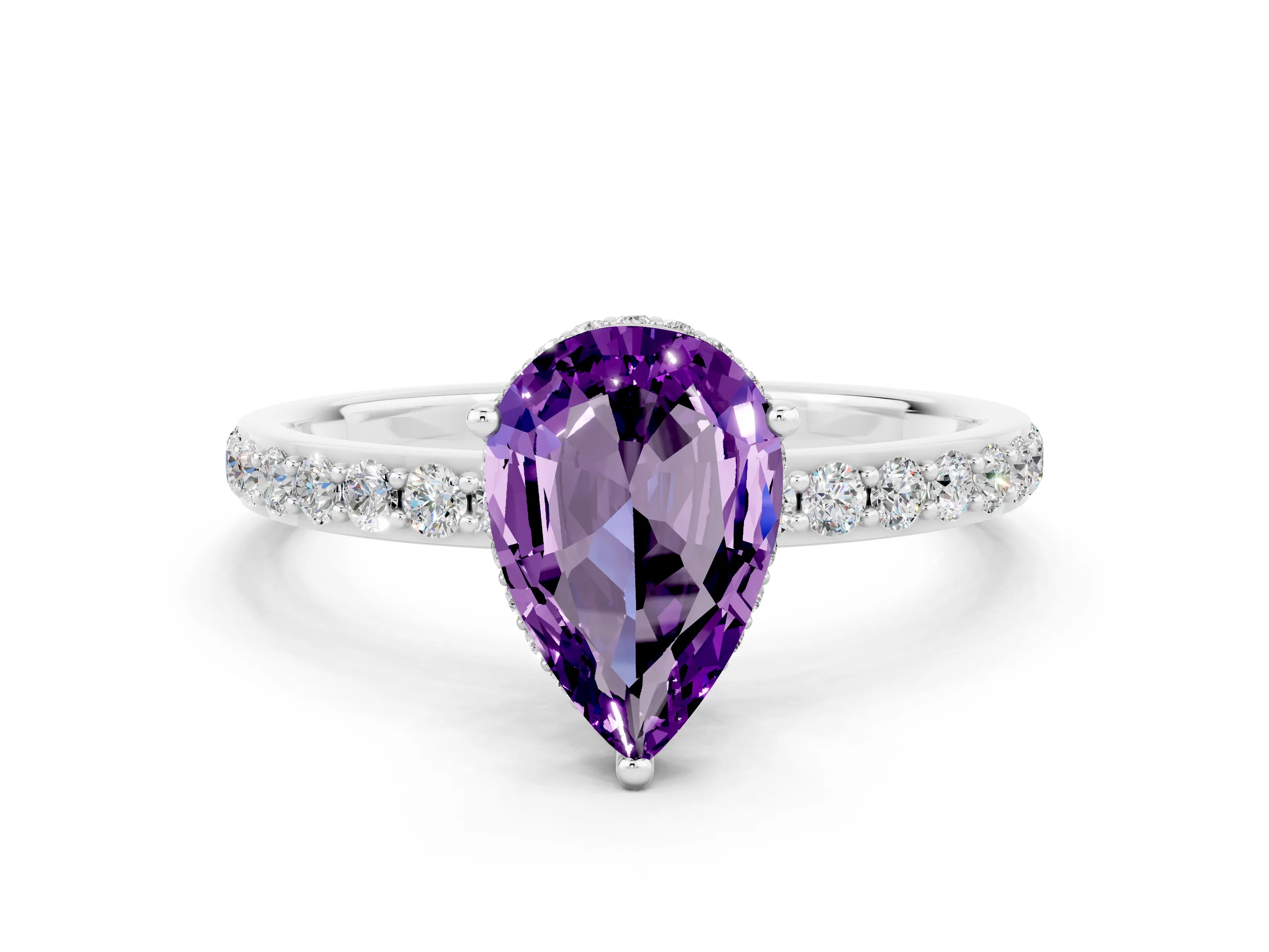 White gold Pear Cut Amethyst Solitaire Ring with Pavé Band and Hidden Halo