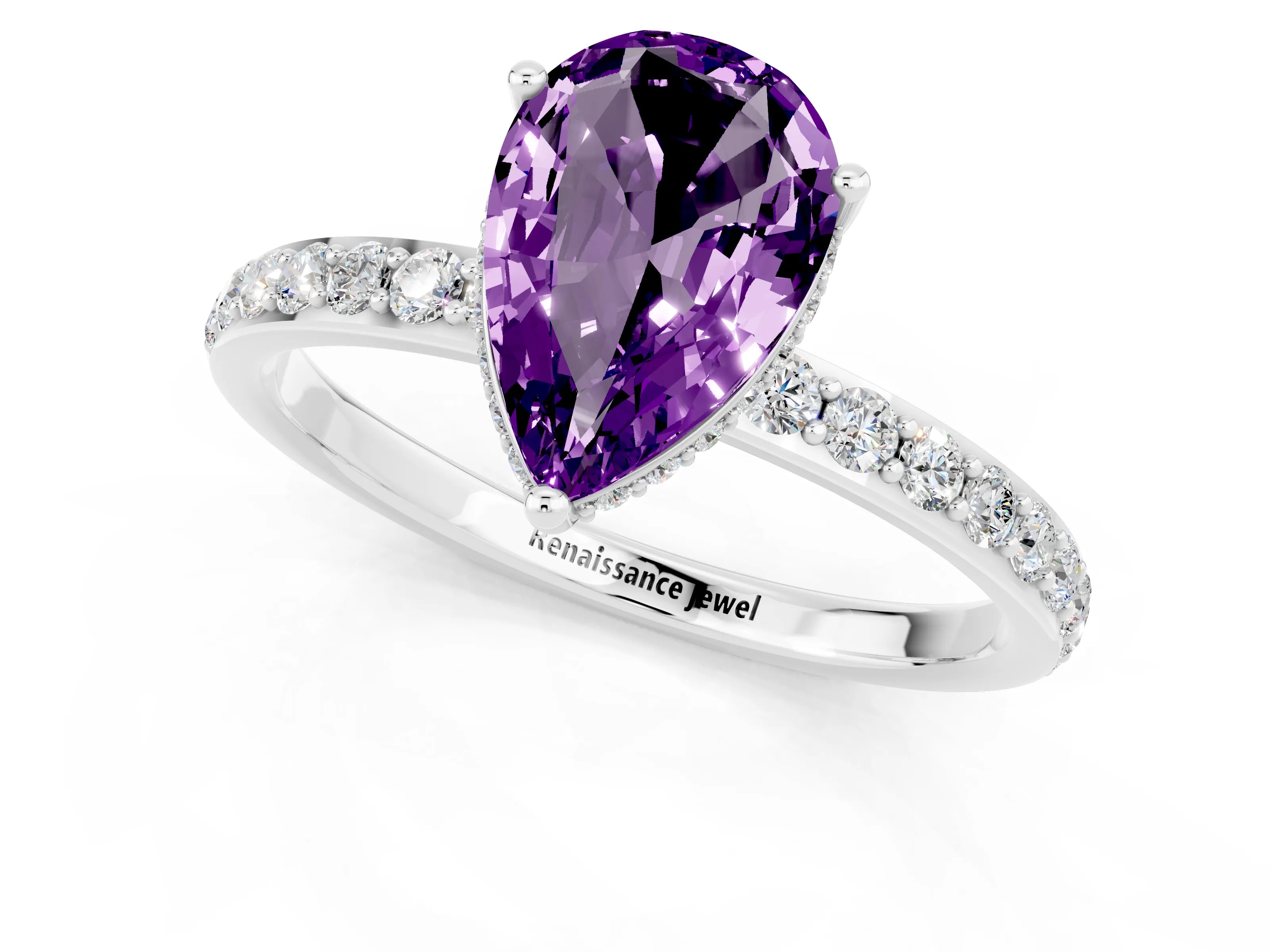 White gold Pear Cut Amethyst Solitaire Ring with Pavé Band and Hidden Halo_1