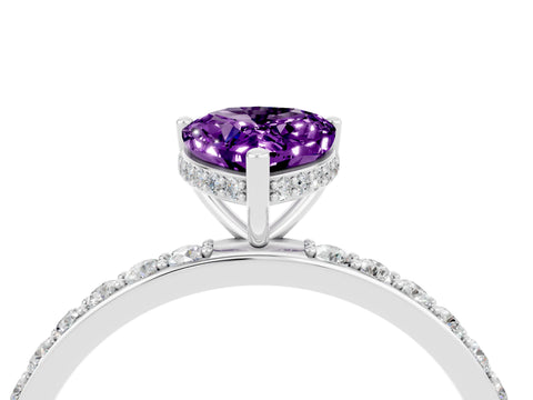 White gold Pear Cut Amethyst Solitaire Ring with Pavé Band and Hidden Halo_28