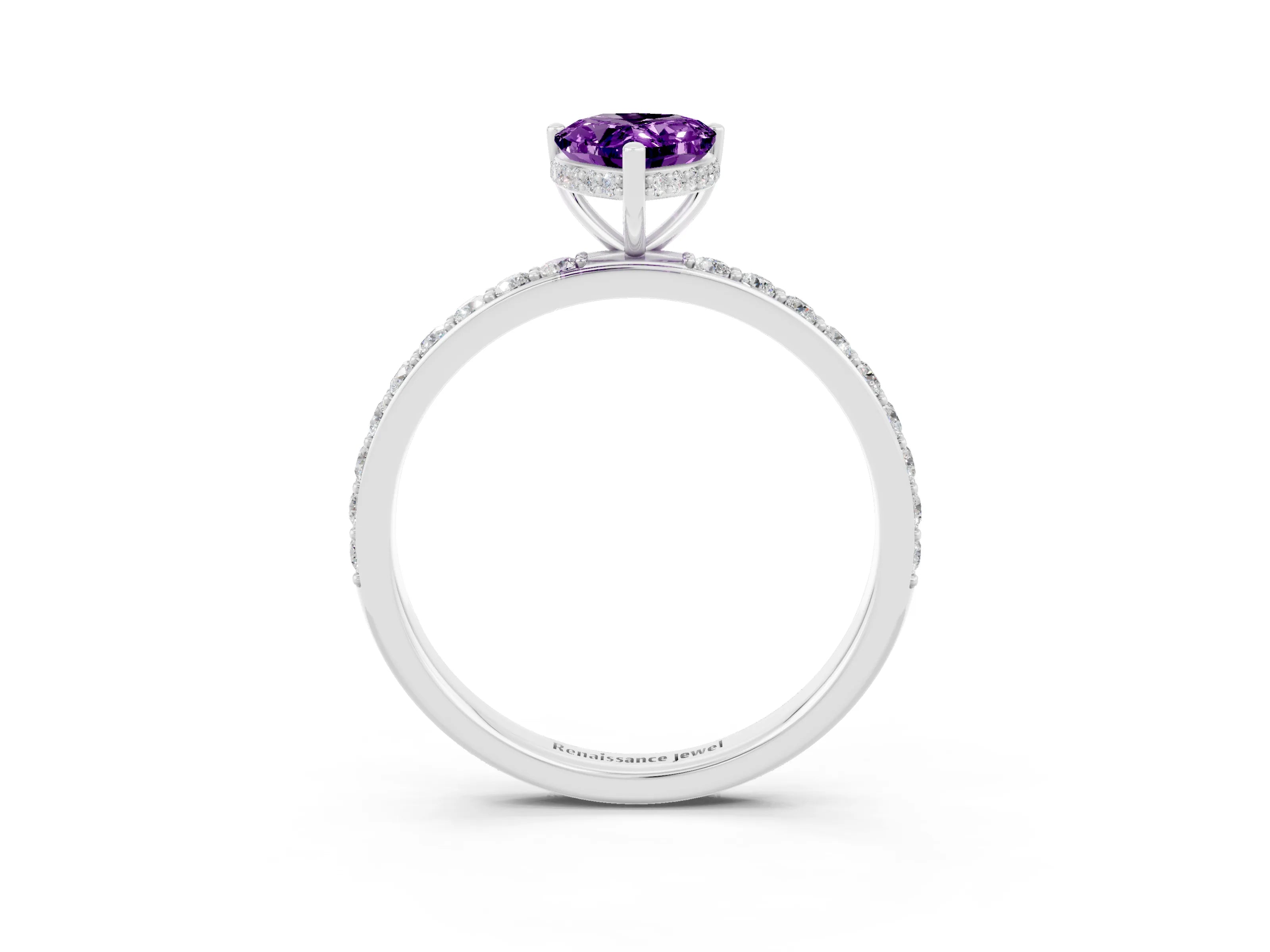 White gold Pear Cut Amethyst Solitaire Ring with Pavé Band and Hidden Halo_3