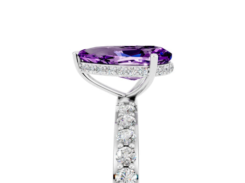 White gold Pear Cut Amethyst Solitaire Ring with Pavé Band and Hidden Halo_5