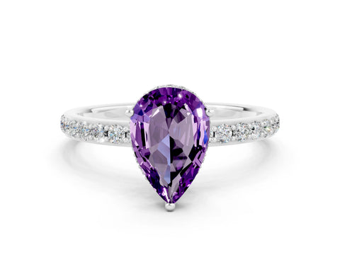 White gold Pear Cut Amethyst Solitaire Ring with Pavé Band and Hidden Halo