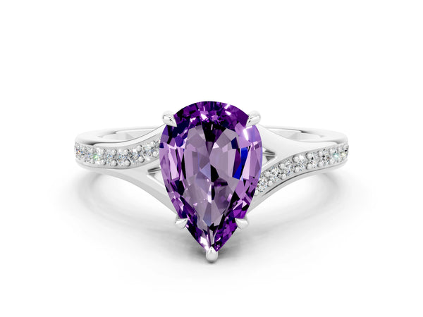Platinum Pear Cut Amethyst Solitaire Ring with Pavé Band and Prong Setting