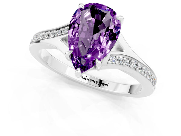 Platinum Pear Cut Amethyst Solitaire Ring with Pavé Band and Prong Setting